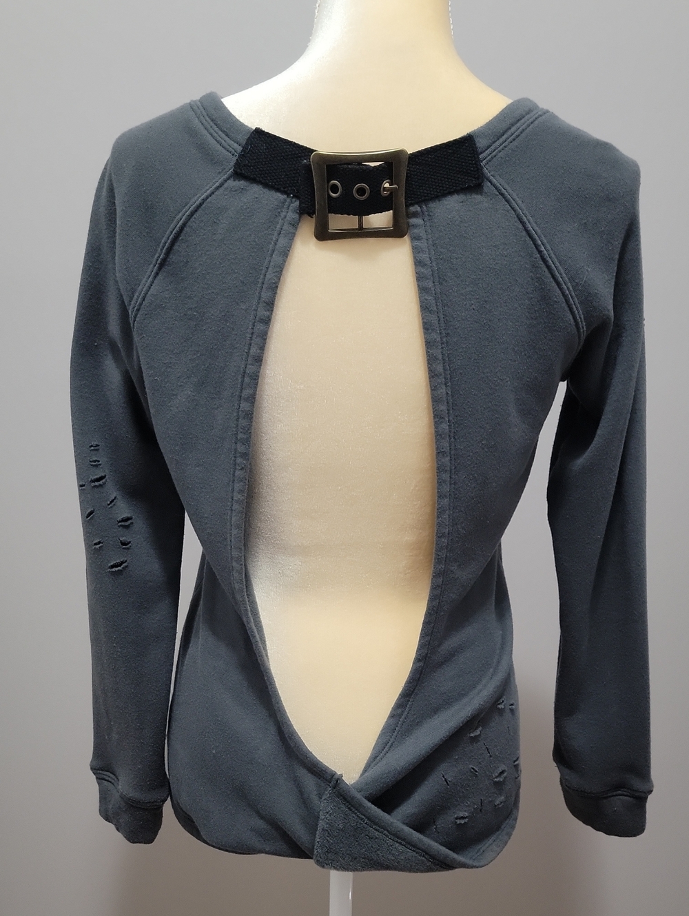 Venus Open Twist Back Metal Buckle Distressed Sweatshirt XS Faded Olive